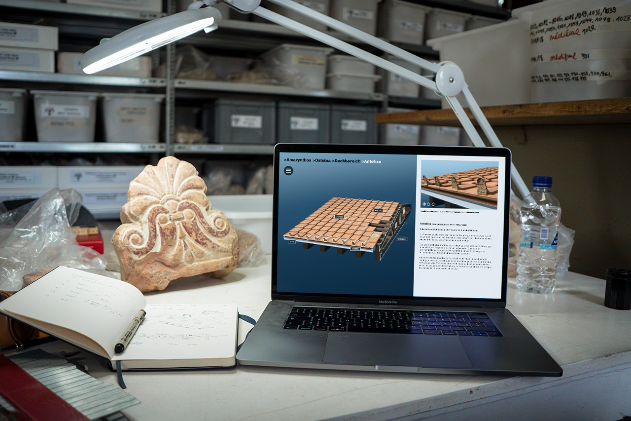 3D-Rekonstruktion der Stoa von Amarynthos im Kontext der Feldforschung: das Fundmagazin in Eretria, Griechenland.