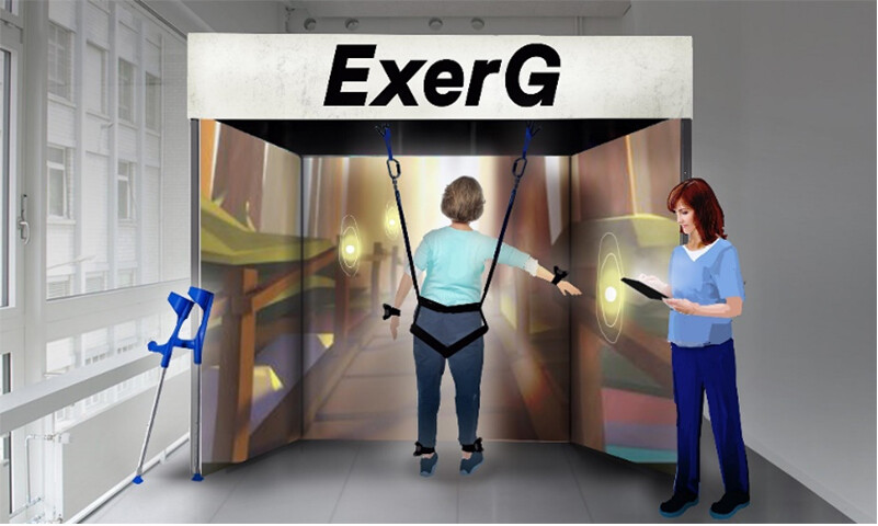 Mockup des anvisierten geriatrischen ExerG Settings mit Patientin und Therapeutin