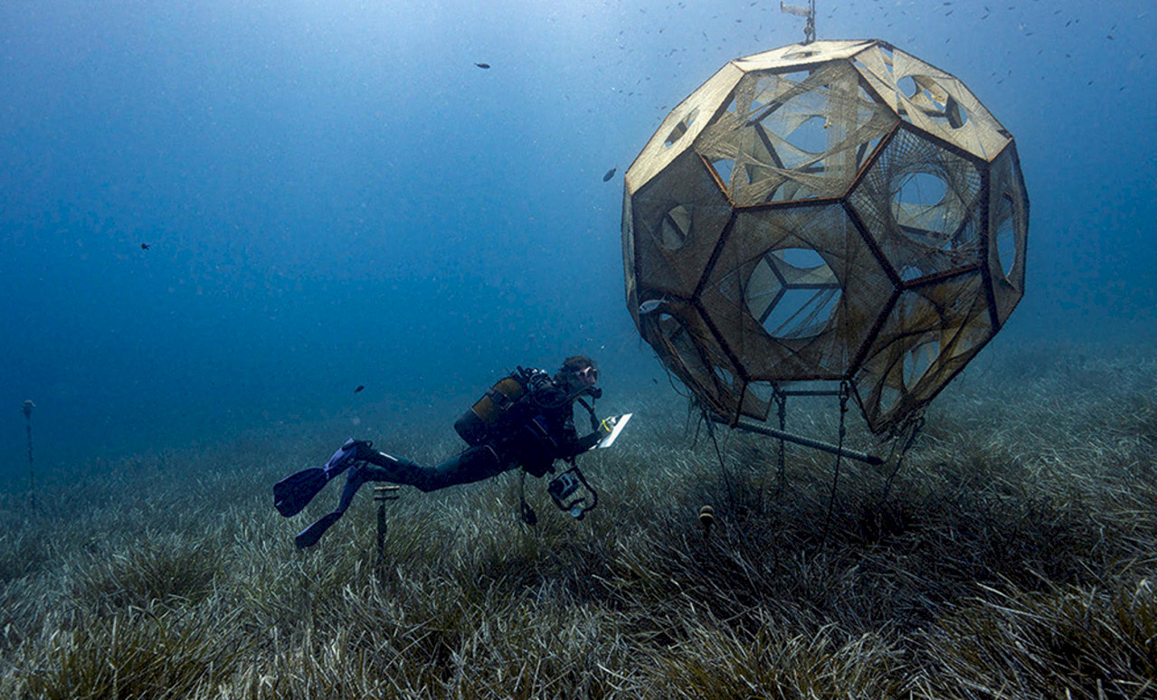 Underwater Prototype "Kiki" at research Station STARESO (Corsica) at minus 10 meters. Date: June 2023. PhD-Project: SYMBIOCEAN by Rasa Weber.