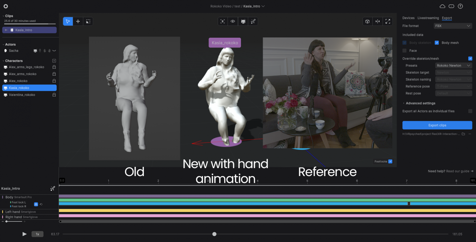 Animation nachgestellt mit Performance Capture basierend auf Referenzvideo erlaubt es auch Hände zu animieren und die Performance dynamischer einzufangen