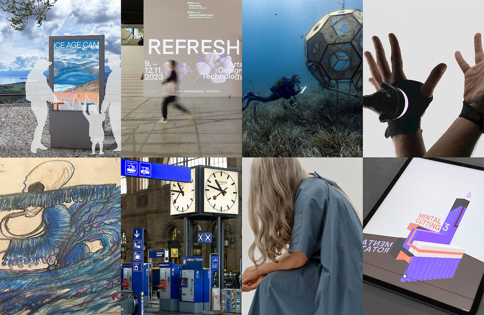 From top left to bottom right: SNF Agora Projekt: «The Ice Age Machine», Veranstaltung: «Refresh», SNF-Projekt: «Interfacing the Ocean», SNF-Projekt: «Home-Based Fitness Gaming for Diabetes Intervention», Junior Research in Design Projekt: «Creolization of Design», SNSF-Projekt: «Designgeschichte der SBB», Start-up: «finally.», DIZH-Projekt: «Spatial Abilites»