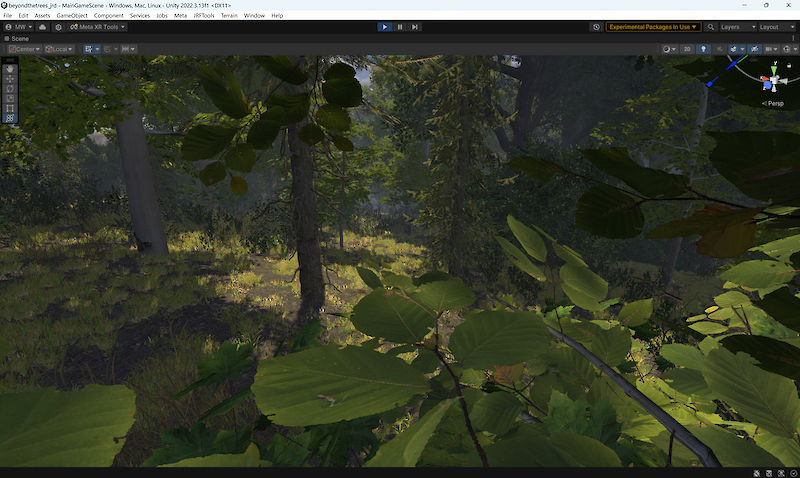 Prozess-Screenshot: Programmatischer Aufbau der virtuellen Waldumgebung im Programm Unity